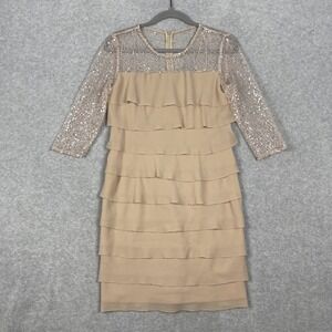 Alex Evenings Tiered Cocktail Dress Champagne Womens 8P Sequin Illusion Elegant